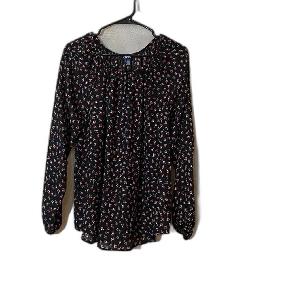 Chaps Women's Small Black Floral Peasant Blouse Long Sleeve Tie Neck Sheer Top